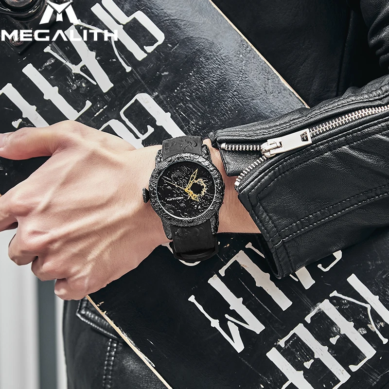 Мужские модные кварцевые часы MEGALITH со скульптурой золотого дракона, водонепроницаемые спортивные часы с большим циферблатом для мужчин, топовые брендовые роскошные часы