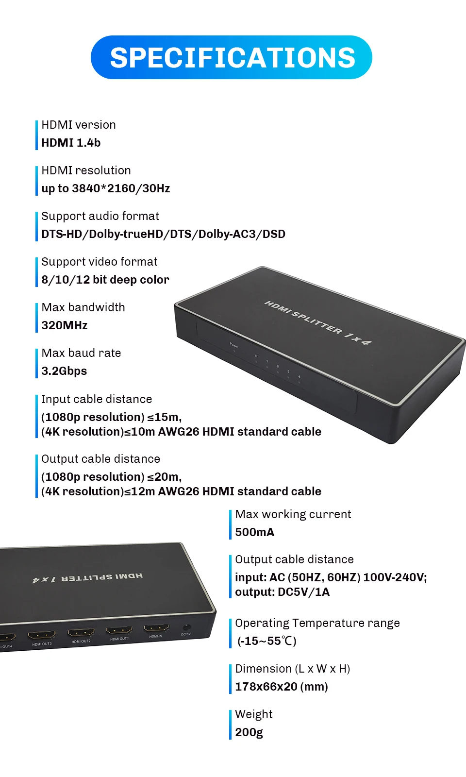 1X4 HDMI 4 К Splitter 1 в 4 из Поддержка 4 К 3D 1080P HDMI 1,4