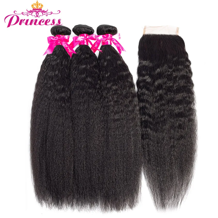 Hair-Bundles Closure Human-Hair Hair-Kinky-Straight Beautiful Princess Peruvian 