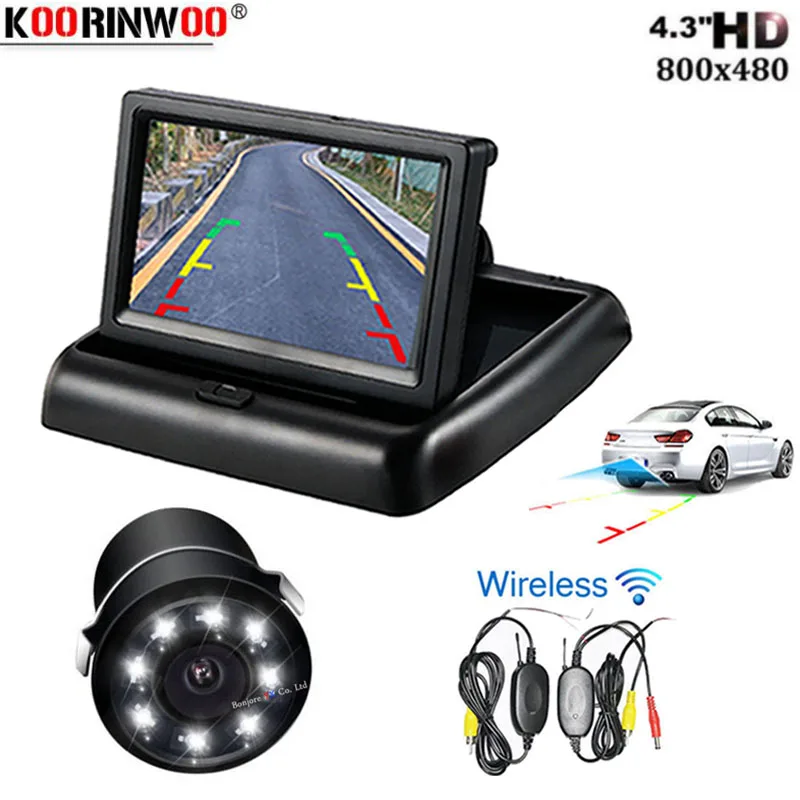 Koorinwoo HD Универсальный автомобильный стиль, беспроводной 4," ЖК-дисплей, складной экран, автомобильный монитор, камера заднего вида для резервной парковки, светодиодный фонарь