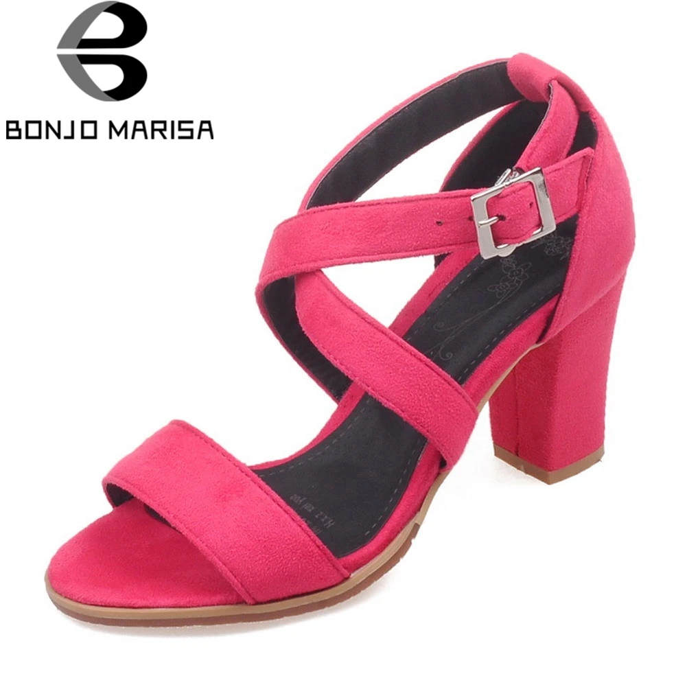 

BONJOMARISA New Fashion cross-strap Sandals Women Summer 2018 Large Size 33-43 Solid Shallow High Chunky Heels Shoes Woman