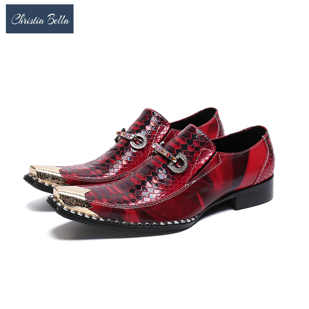 

Christia Bella Fashion Chain Genuine Leather Men Office Shoes Large Size Metal Pointed Toe Slip on Formal Party Dress Shoes