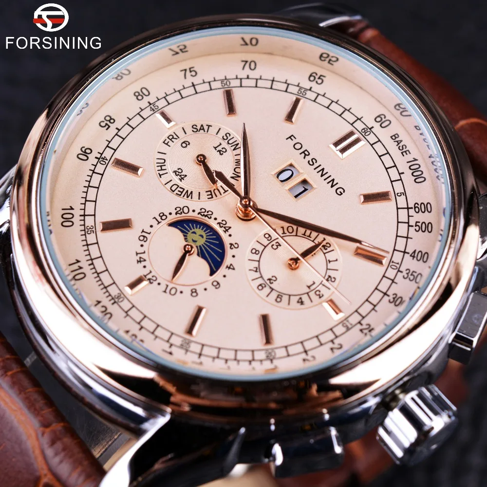 Мужские наручные часы Forsining Moon Phase чехол из розового золота с коричневым кожаным