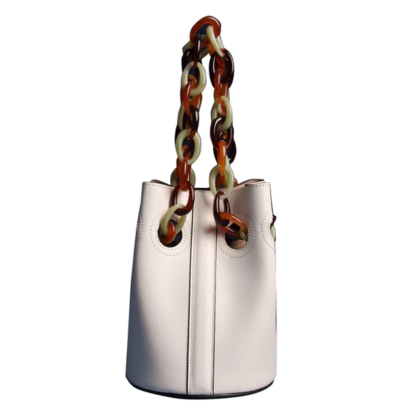 

AUAU-Second Layer Cowhide Bucket Bag Women New Solid Chain Open Handbags Ladies Simple Casual Shoulder Bag