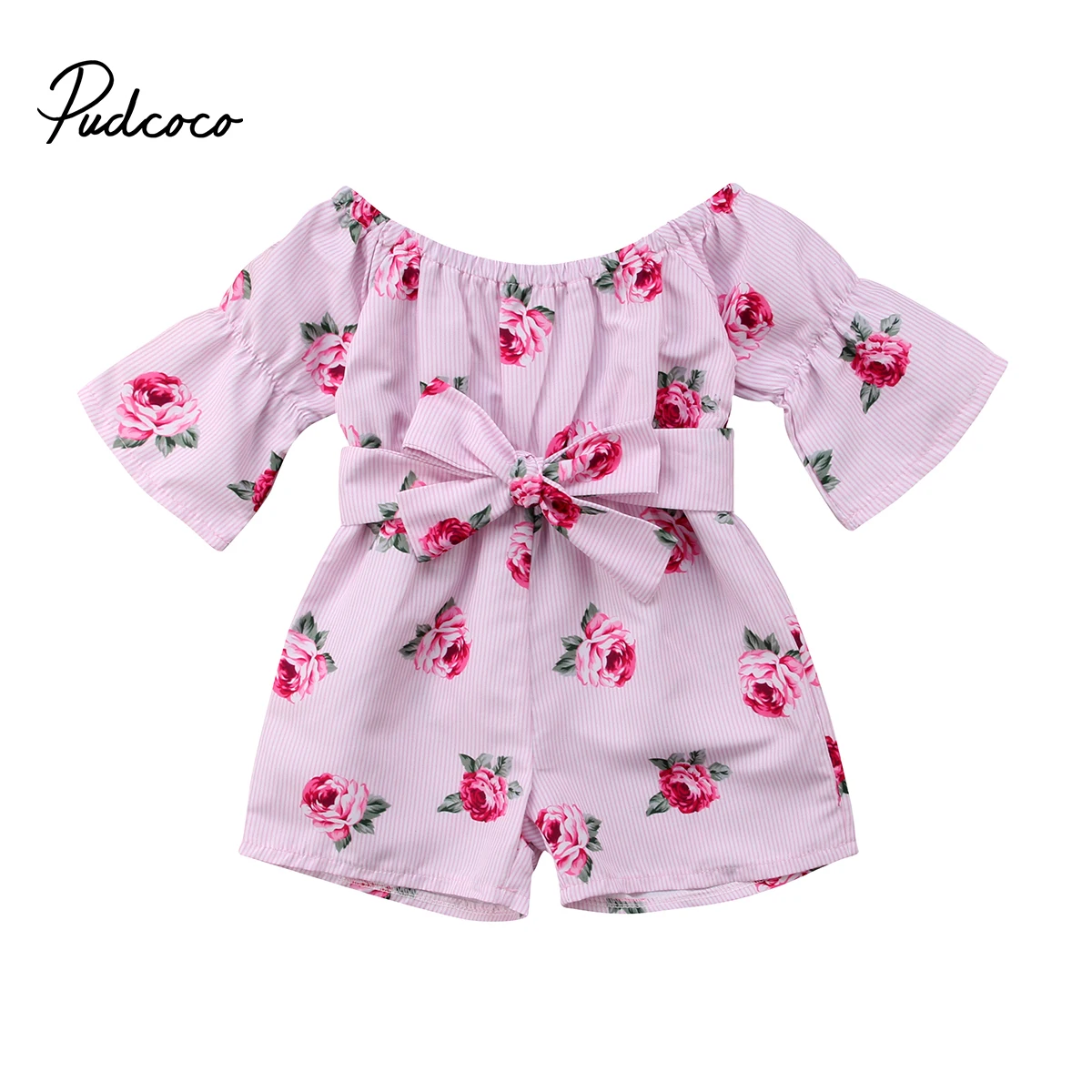 

2018 Brand New Princess Baby Girl Floral Romper Off shoulder Flare Sleeve Bow Striped Jumpsuit Playsuit Outfit Sunsuit Clothes