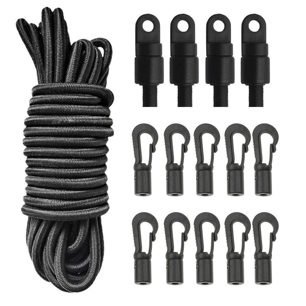 1/4' 16.4' Heavy Duty Elastic Bungee Rope 4 Pieces Shock Cord End Stop 10 Pieces End Hook for Kayak Canoe Boats Accessories