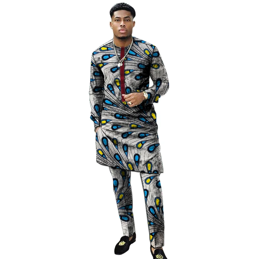 

African print shirts+pant men's set clothing long sleeve top with trouser 2 pieces outfits man wedding wear customized
