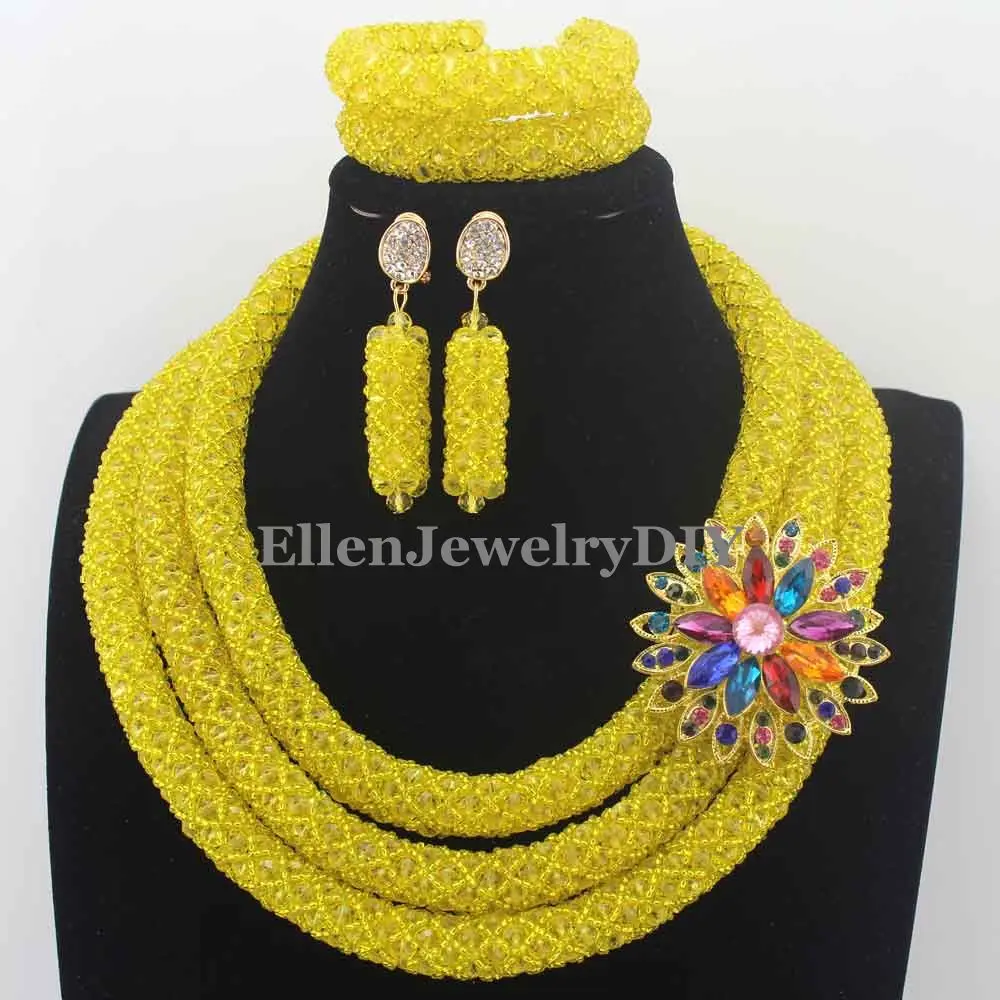 

Charming Yellow Nigerian Wedding Crystal Beads Jewelry Set Indian Bride Gift Costume Jewelry Set New Hot Free Shipping W13811