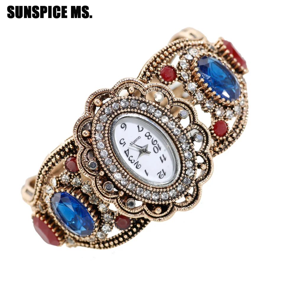 

SUNSPICEMS Retro Vintage Turkish Cuff Bangle Watch Jewlery Antique Gold Color Resin Indian Ethnic Wedding Gift Quartz Wristwatch