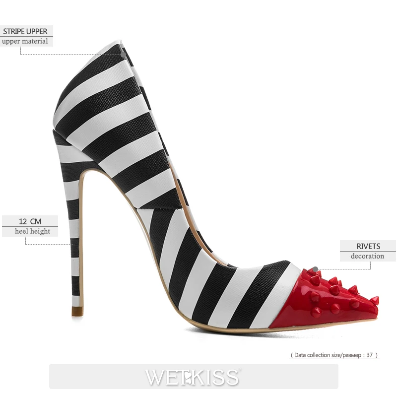 WETKISS Studded High Heels 12cm Stilettos Women Pointed Toe Rivet Ladies Party Pumps Zebra Shallow Colorful Shoes Woman 34-45