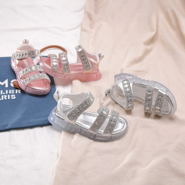 Сандалии для девочек; обувь с открытым носком; детская летняя пляжная обувь со стразами; блестящие детские сандалии; удобные детские туфли; 26-35
