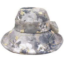 Спортивные шапки для женщин с широкими полями, солнцезащитная Кепка с цветочным принтом, складное Лето; пляж; ведерки, шляпа, сетка, бант, рыболовная шляпа