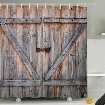 

Rustic Wooden Retro Barn Door Shower Curtain Farmhouse Bathroom Screens Extra Long Waterproof Polyester Fabric for Bathtub Decor