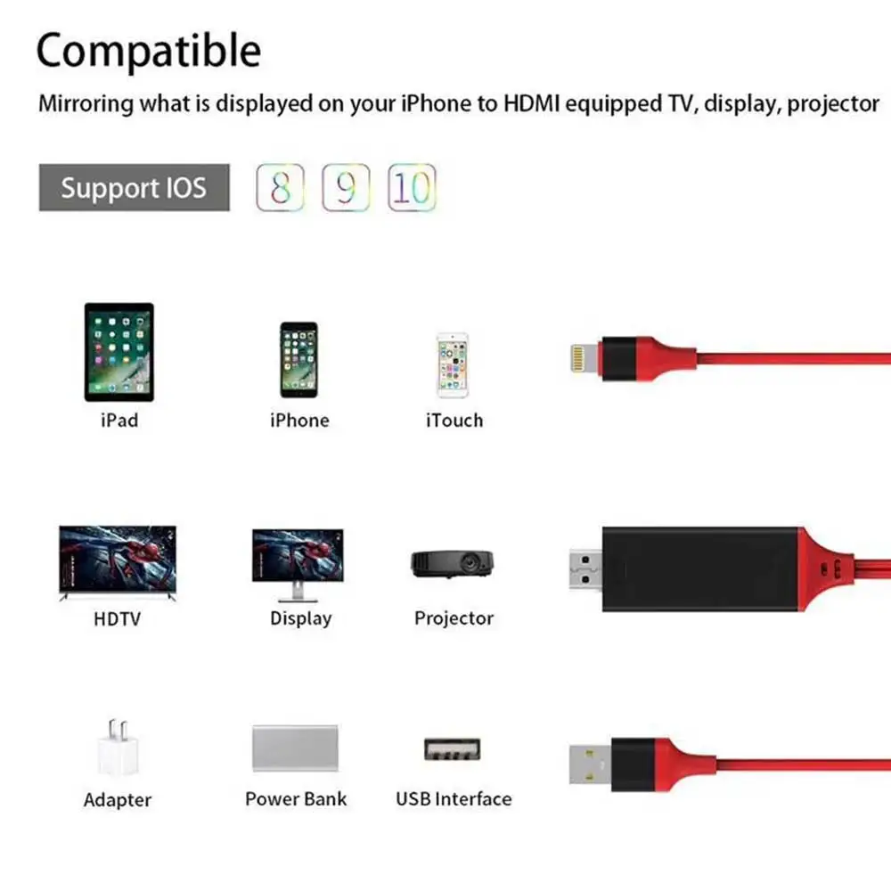 Rovtop 2 м USB 8 Pin к HDMI HDTV AV Кабель-адаптер для iPhone 7 7 Plus 6S 6 Plus 5S 5 Кабель-адаптер для зарядки 0,11