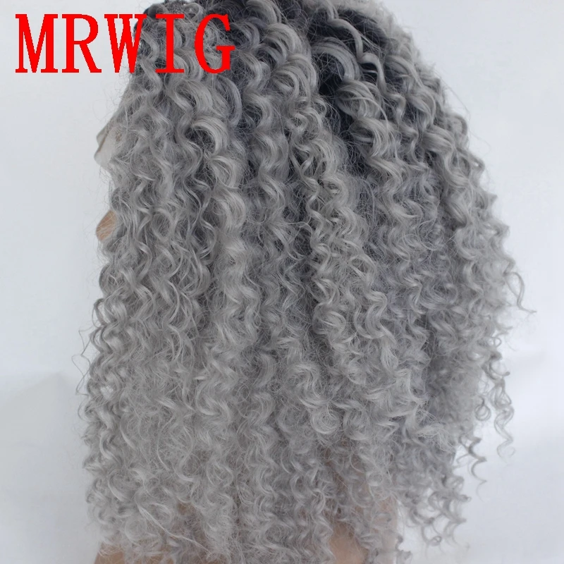 MRWIG short kinky curly ombre medium grey free part synthetic front lace wig 20in real pic for lady woman