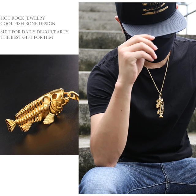 New Big Fish Bone Pendant Necklaces With Fishing Hook Stainless Steel/Gold  Color Men Punk Biker Jewelry 2017 Wholesale GP2457 - AliExpress