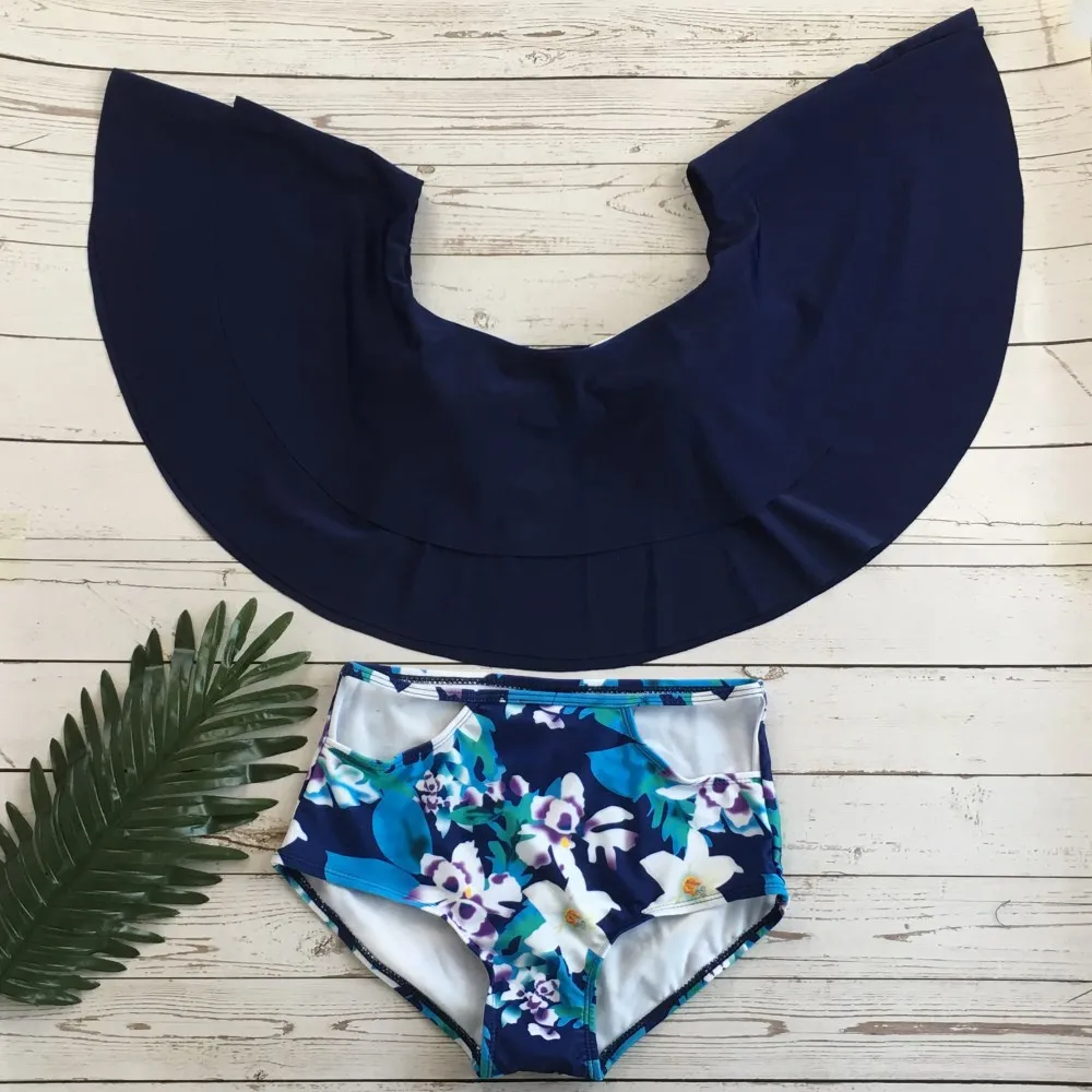 Набор бикини, двойной купальник с оборками, купальный костюм с пуш-ап, сексуальный женский купальник с высокой талией, купальный костюм с открытыми плечами - Цвет: dark blue floral