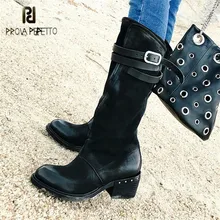 Prova Perfetto черный осень зима женские высокие сапоги ремни 5 см каблук Botas Mujer ручной работы на платформе Резиновая обувь сапоги для верховой езды