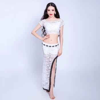 

Bellydance Costume Set Women White Lace Print Short Sleeve Top Long Skirts Bollywood Dance Costumes Performance Wear DNV10776