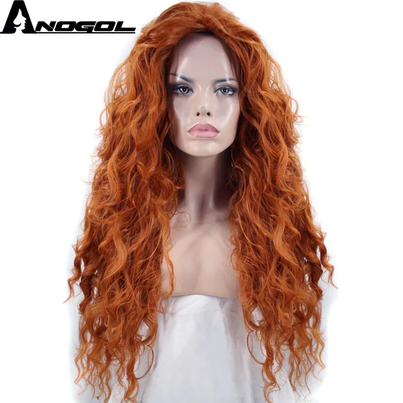 Pаспродажа Anogol бесплатная часть Brave Merida Длинные оранжевые глубокая волна высокая температура волокна синтетические волосы принцесса косплей парики д...