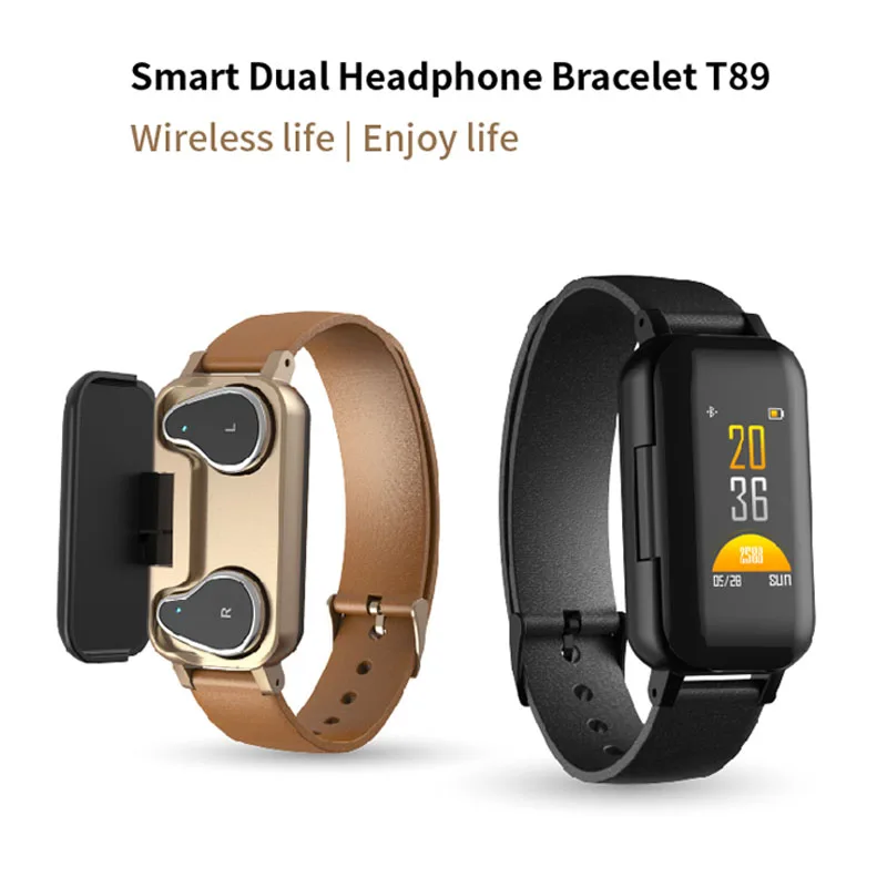 

New T89 Dual Bluetooth 5.0 Earphone Smart Bracelet Heart Rate Blood Pressure Tracker Smart Watch Men For IOS Android Phone