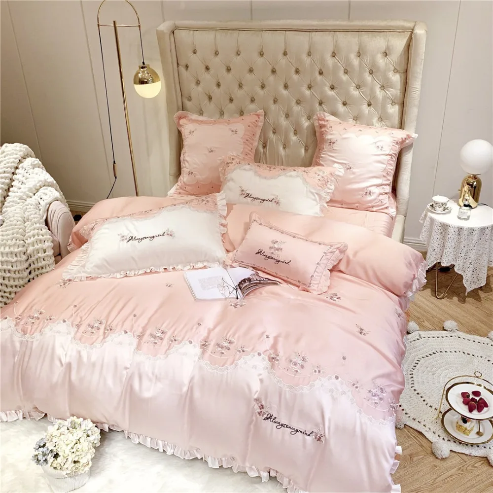 

Luxury Korean-style Embroidery Bedding Queen King Sets 60 Lan Jingtian Silk Slip Wedding bedding 4/6pcs high density bedding