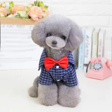 Британский стиль, синяя Повседневная клетчатая зимняя футболка для собак с красным бантом, осенний костюм для собак, одежда для маленьких щенков