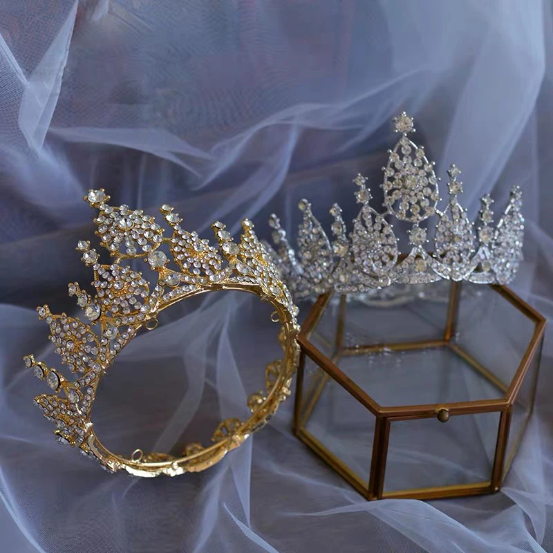 

Gold/Silver Round Crystal Wedding Crown Headpieces Headband Bridal Tiaras Crown Set Wedding Hair Accessory Prom Headdress