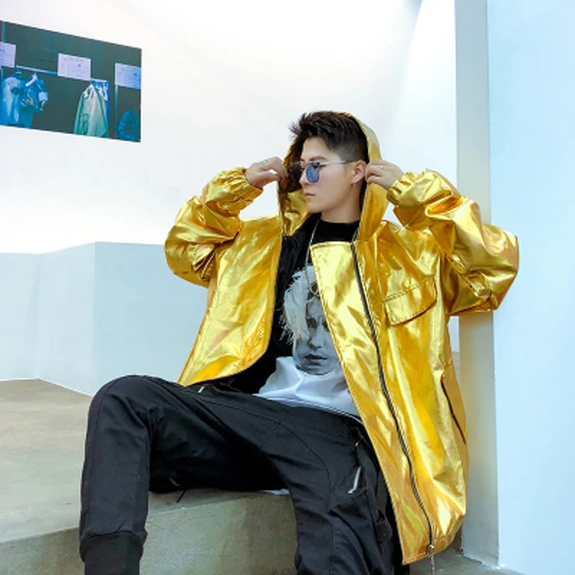 Fashion Bright PU Leather Mens Windbreaker Jackets Hooded Hip Hop Streetwear Bomber Jacket Male Nightclub Coat