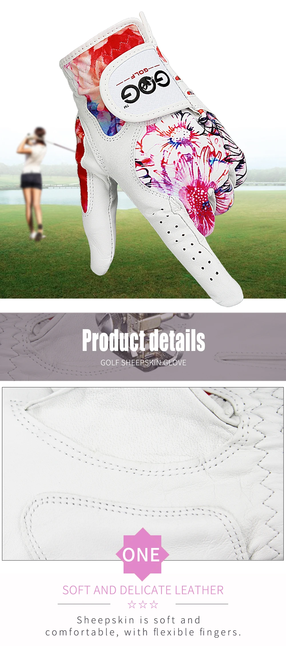 1 Pair GOG Golf Gloves Genuine Leather & Color Pattern Lycra left hand + right hand soft sports new gloves for woman lady girls