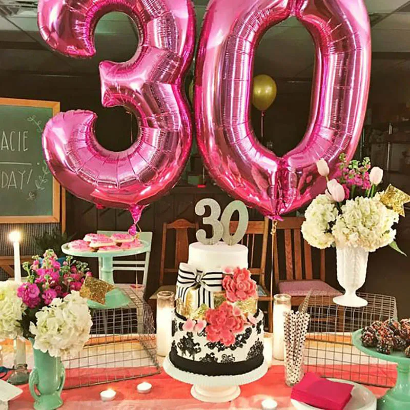 Set of 2 Colorful 30th Birthday Foil Balloons - Pink, Blue, Gold Party Decorations