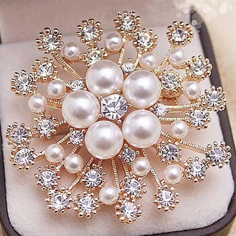 Fashion Women Large Brooches Lady Snowflake Imitation Pearls Rhinestones Crystal Wedding Brooch Pin Jewelry Accessorise | Украшения и