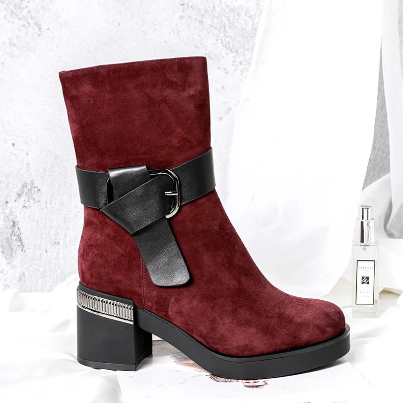 BELISS 2018 fashion winter boots women mid calf genuine leather round toe snow boots ladies high heels buckle  (1 (16)