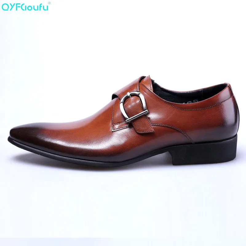 

Famous Mens Monk Strap Genuine Leather Shoes Luxury Brand Black Men Party Wedding Dress Shoe Business Pointy Shoes