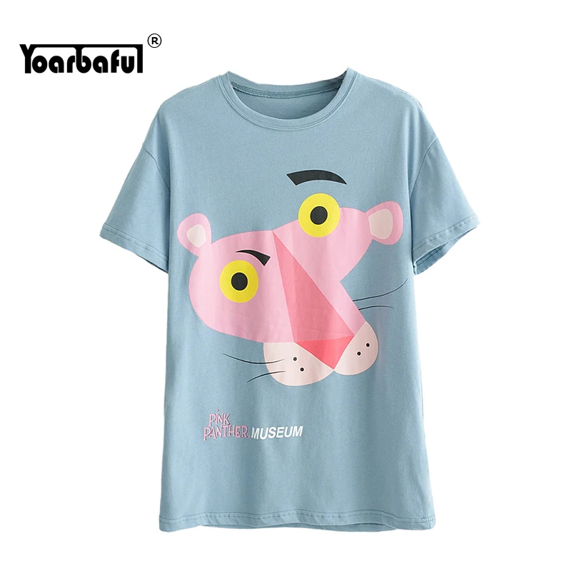 

2019 Summer Graphic Tees Women Pink Panther Print Short Sleeve Blue T-Shirt Loose O-Neck Tops Fashion Streetwear