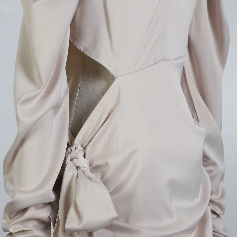 [LIVIVIO] выдалбливают асимметричные атласные платья для женщин бантом с пышными рукавами рюшами вечернее платье женское Весна
