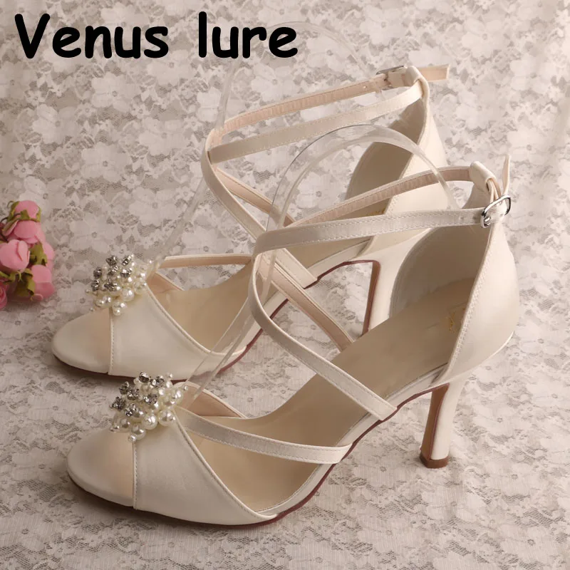 

White Heels Sandals with Straps for Women Ivory Satin Pearl Summer Bride Sandals
