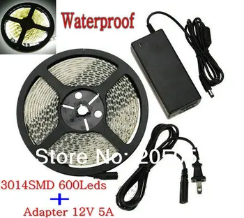 

5M 8mm 16.4FT High Bright 3014 LED 600 SMD 120leds/M LED Strip DC12V Waterproof Warm White+ Adapter transformer power supply 5A