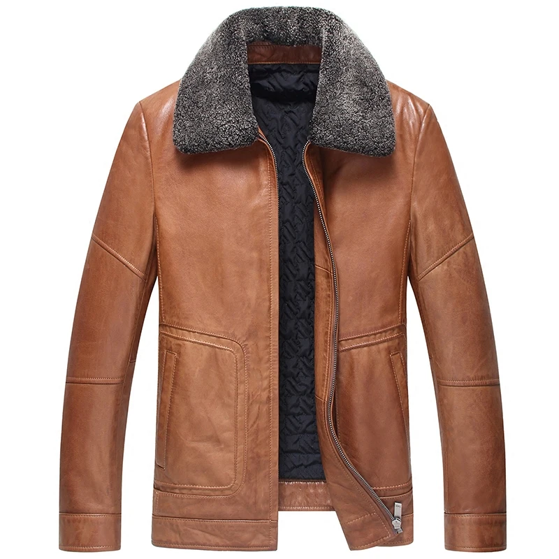 Men's Leather Jacket Lapel Wool Collar With Cotton Lining Mens