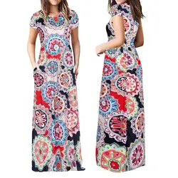 Летнее платье женское короткий рукав карманы цветочный принт платье женское Макси Сарафан летнее пляжное платье Femme Vestidos плюс размер