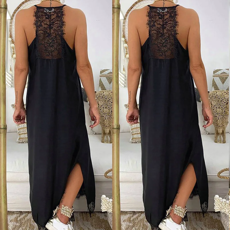 

Women Beach Ladies Party Dress Summer Split Boho Solid Casual Spaghetti Strap