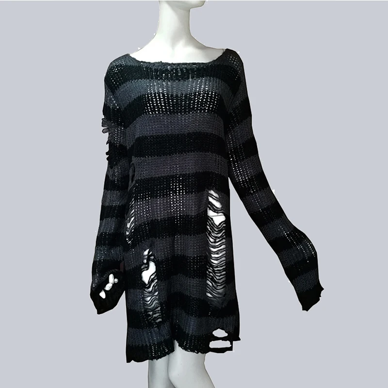 Skup Plus rozmiar Punk Gothic długi Unisex sweter kobiety mężczyzna paski fajne drążą otwór złamany skoczek para luźne Rock cienkie swetry