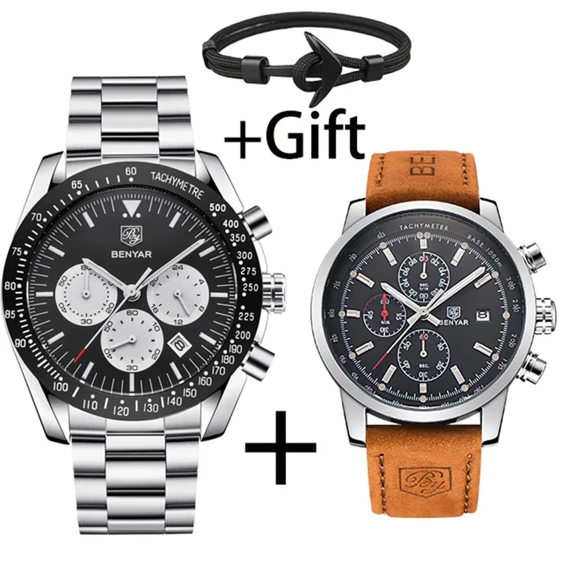 

BENYAR Brand Stainless Steel Strap Waterproof Sport Chronograph Top Luxury Quartz Multifunction Men Watch relogio masculino+Gift
