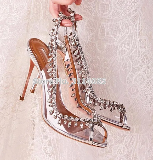 New Arrival Celebrity Silver Slingback Shining Crystal Wedding Shoes Fringe Rhinestone Peep Toe Stiletto Heels Clear PVC Pumps New Arrival Celebrity Silver Slingback Shining Crystal Wedding Shoes Fringe Rhinestone Peep Toe Stiletto Heels Clear PVC Pumps