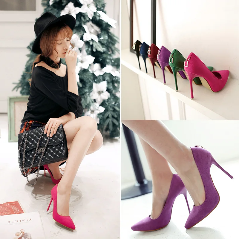 Fashion Women Shoes New Sexy D Buckle Suede Single Shoes Pointed High Heels Female Professional Wedding Shoes High Heel Shoes