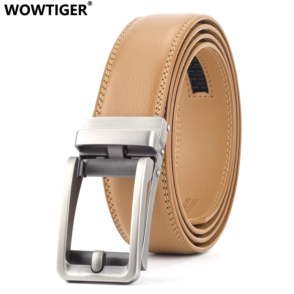 Мужской ремень WOWTIGER коричневый из натуральной воловьей кожи с трещоткой