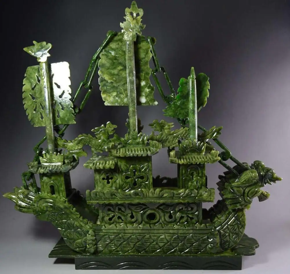 38cm Large Chinese Hand Carved 100% Natural Jade Dragon Incense statue Dragon Boat NT 3