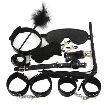 10pcs Set Bdsm Bondage Restraints Leather Handcuffs for Sex Mouth Gag Collar Rope Mask Whip Ankle Cuffs Strapon Adult Games Hot наножники оковы фиксаторы plush leather ankle cuffs