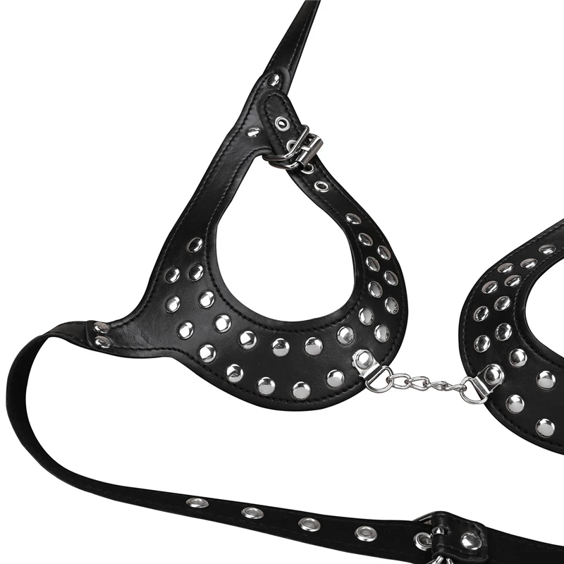 Women PU Leather Classic Black Open Cup Adjustable Wetlook Sexy Body Chain Harness Bra Belt with Buckles and Rivets