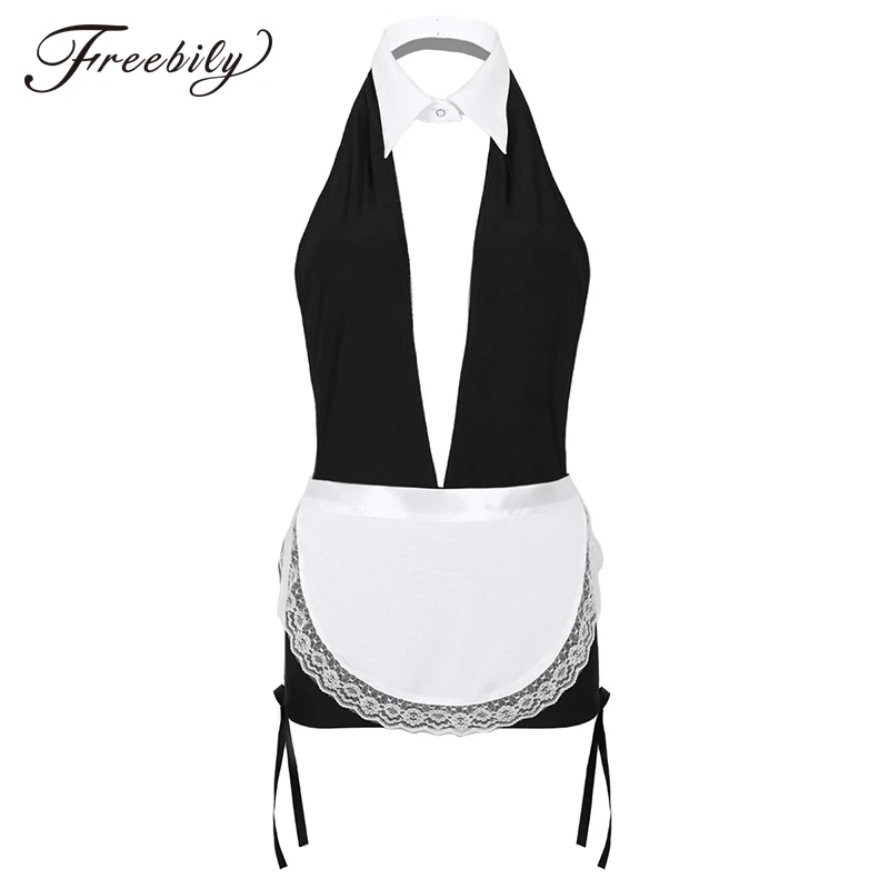

Women French Maid Cosplay Costume Party Sexy Erotic Lingerie Set Plunging Deep V Neck Sleeveless Backless Mini Dress with Apron